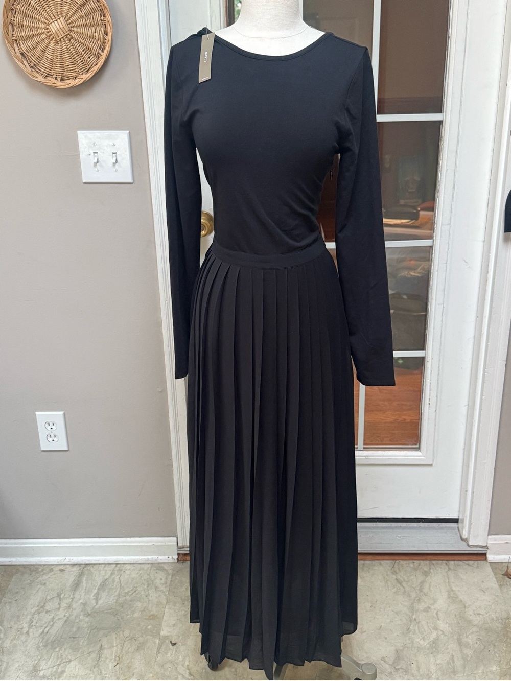 NWT J.Crew Black Pleated Scoop Back Long Sleeve Midi Dress Medium M